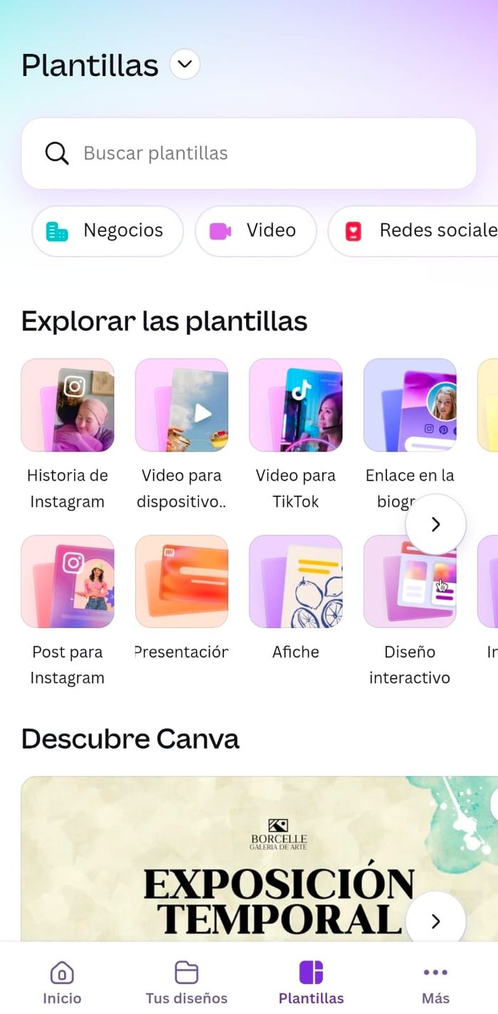 Biblioteca de plantillas de Canva en la app móvil
