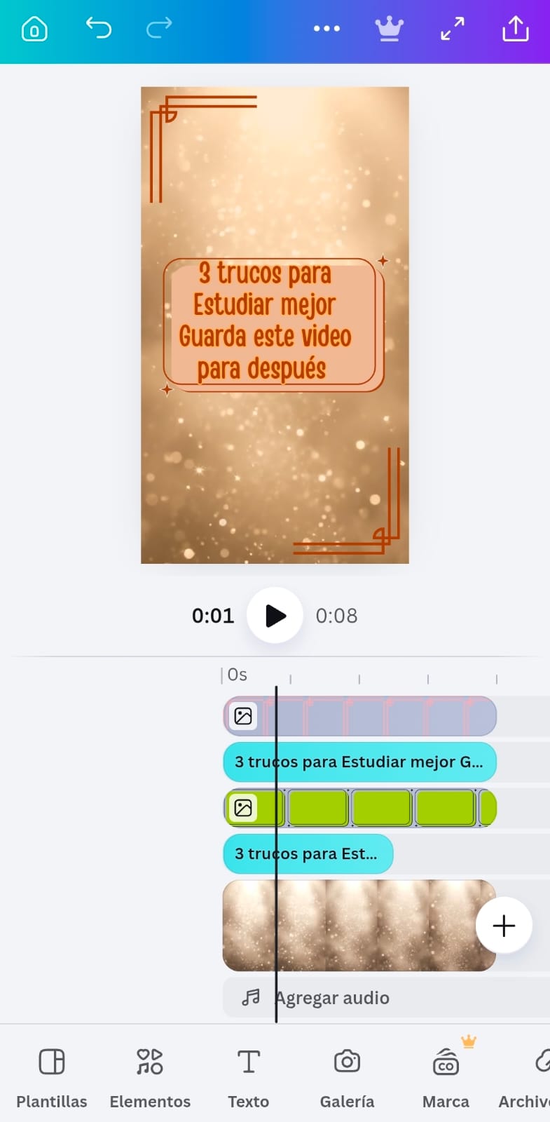 Proyecto de video en Canva con fondo y texto