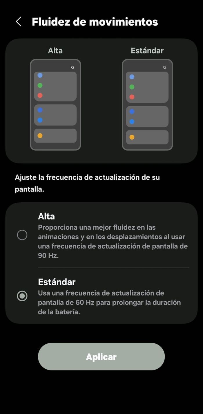 Ajuste de tasa de refresco de pantalla mostrando la opción Estándar (60Hz) seleccionada