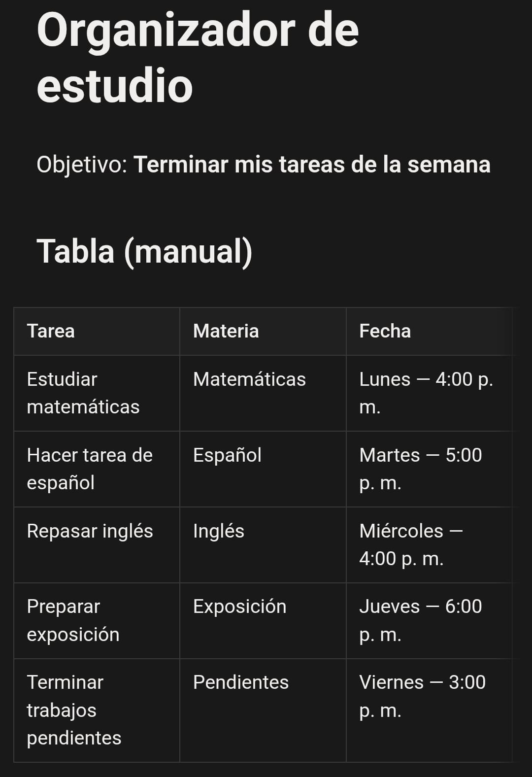 Tabla de organizador de estudio creada en Notion