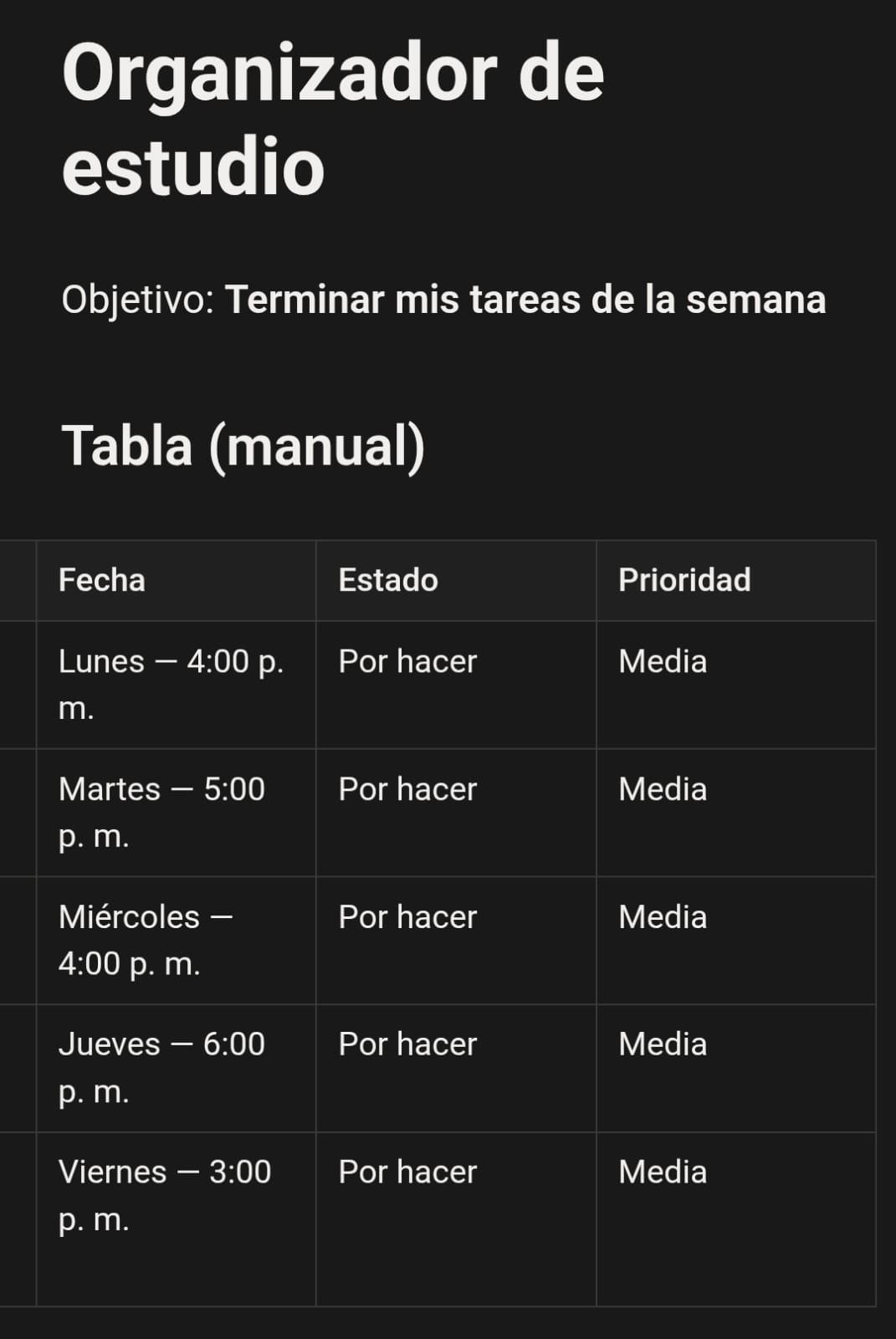 Columnas de fecha, estado y prioridad en la tabla de Notion