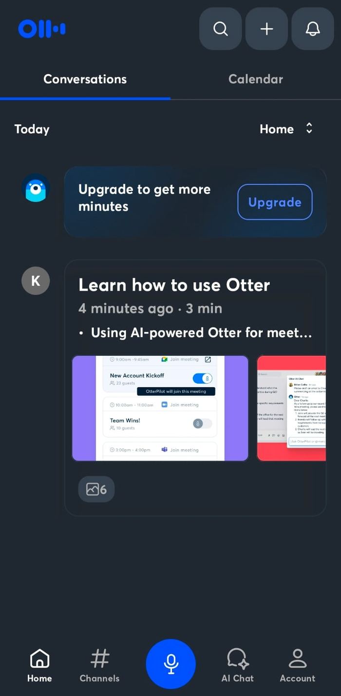 Panel de conversaciones transcritas en Otter.ai