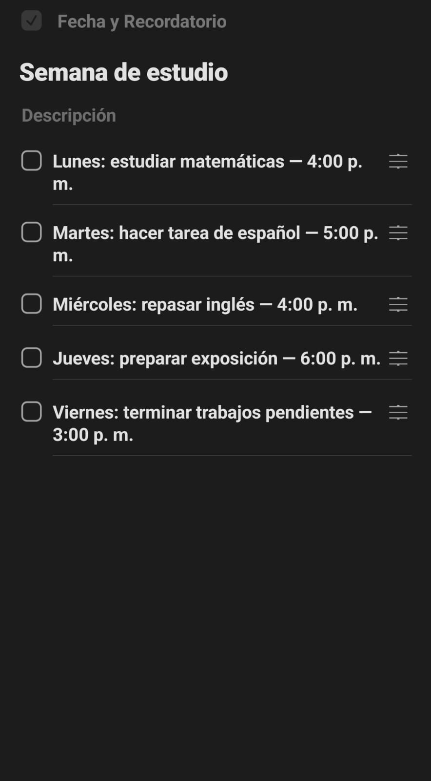 Lista Semana de estudio en TickTick