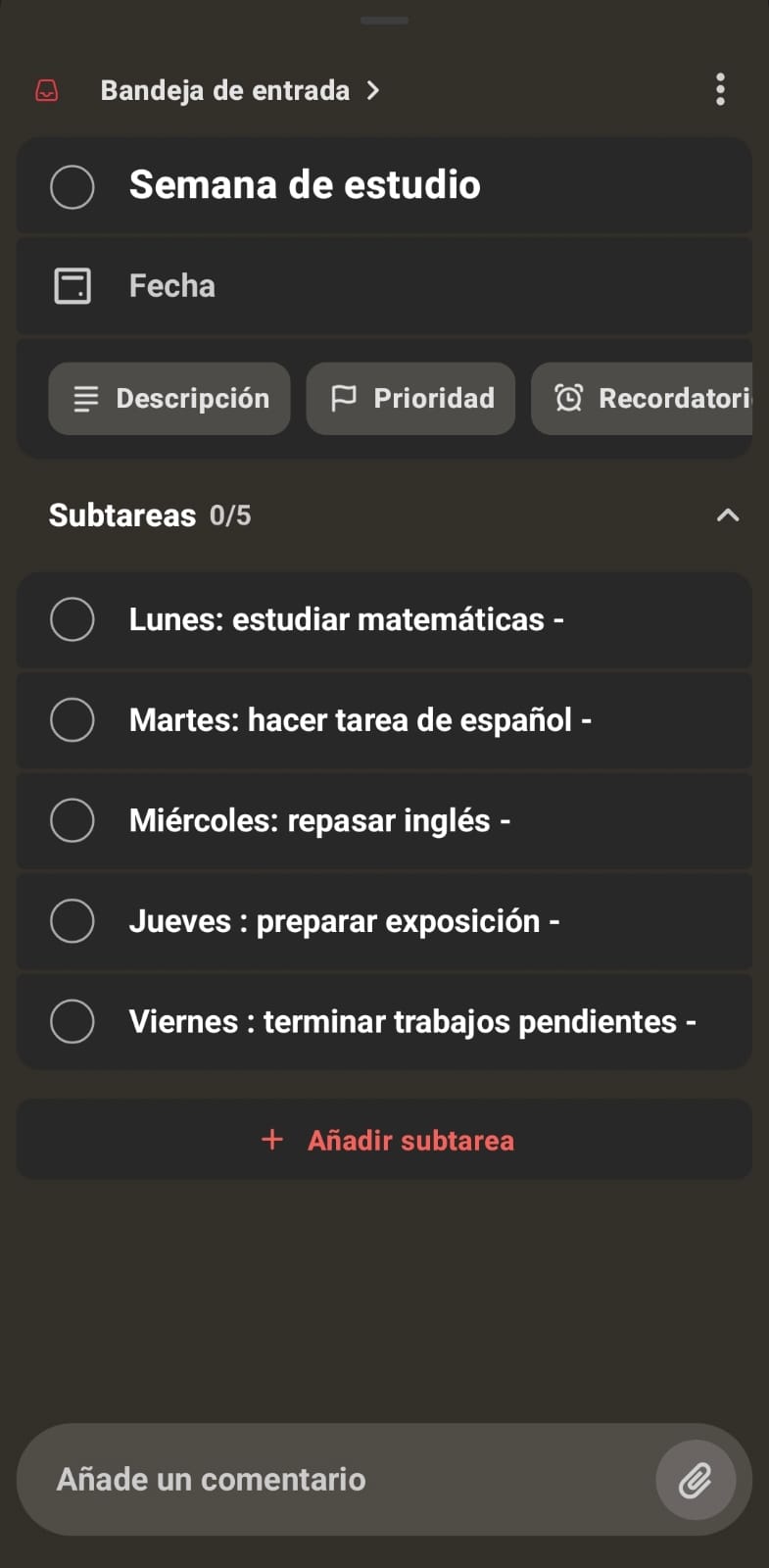 Proyecto Semana de estudio con cinco subtareas en Todoist