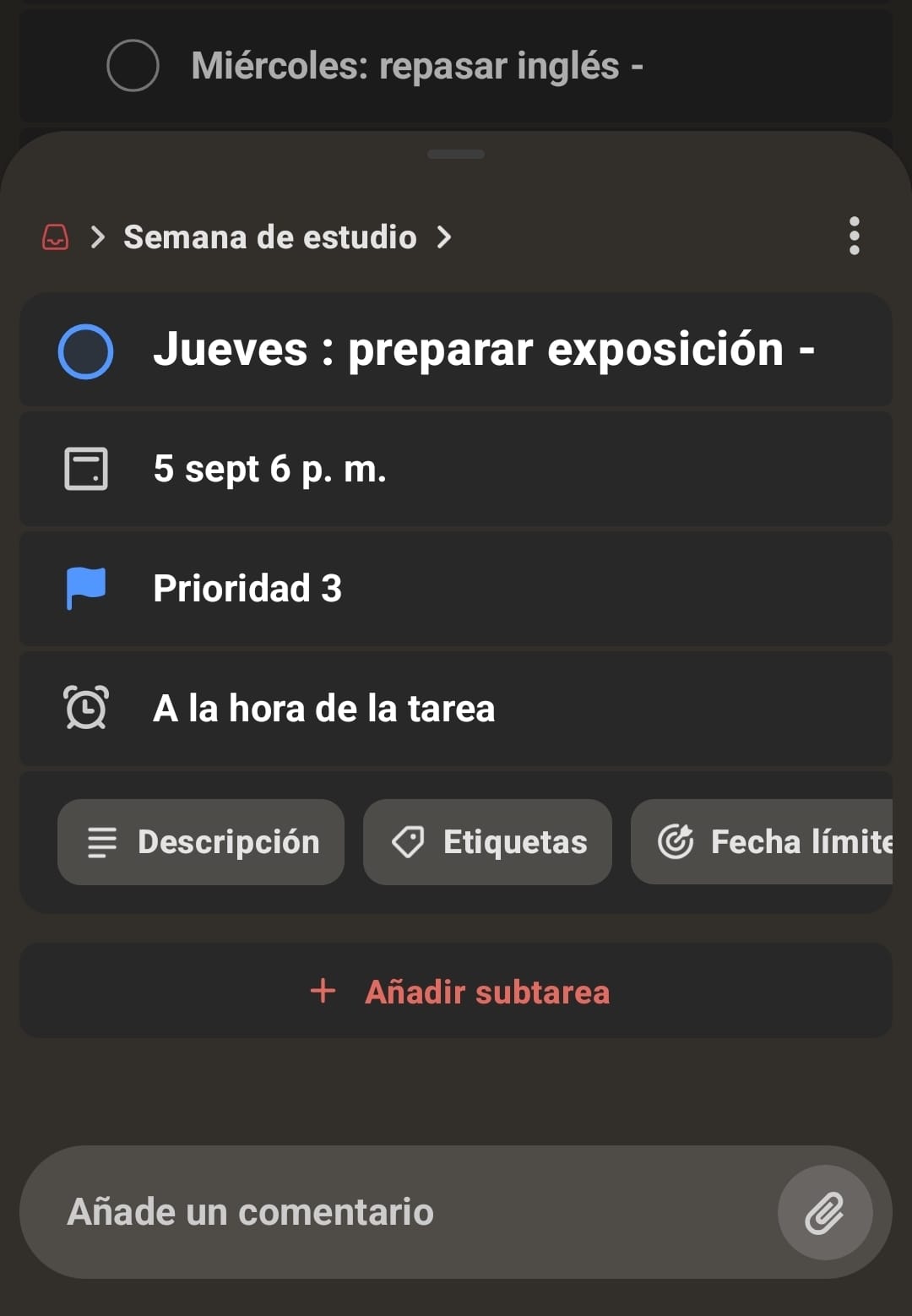 Tarea de Todoist con fecha, prioridad y recordatorio
