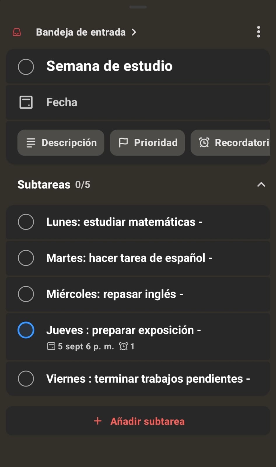Lista de tareas de la semana de estudio en Todoist