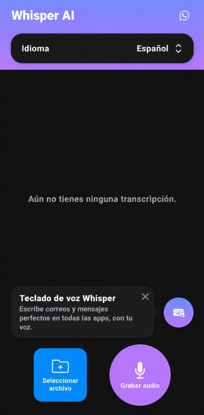 App Whisper AI con la opción de grabar audio en español